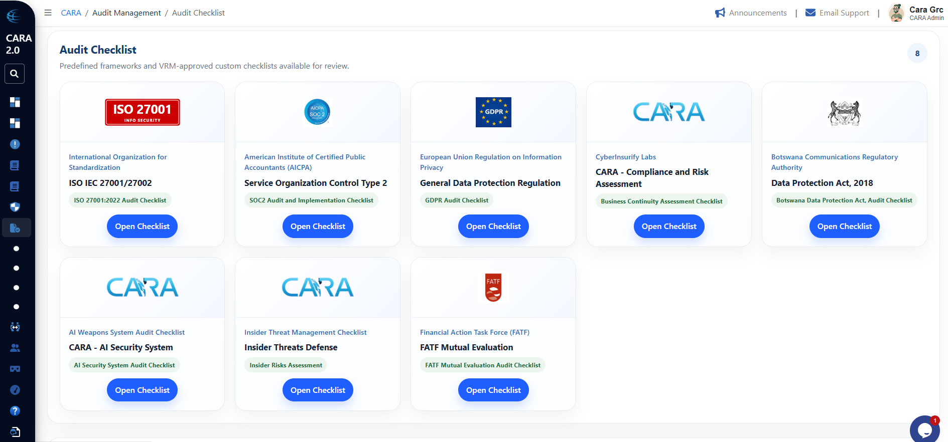 CARAgrc Audit Management dashboard showing controls, owners, evidence status and action tracking.